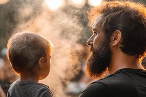 A man with a beard and a child look at each other photo