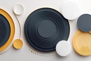 A group of plates with different colors and shapes photo