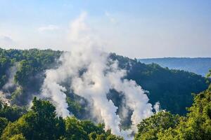 Steam coming out of a geyser in the woods photo