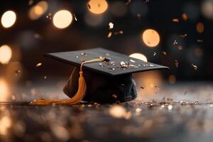 Graduation cap on the table with confetti and bokeh effect photo