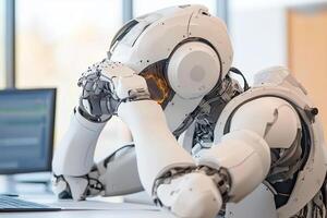 A robot sitting at a desk with his head in his hands photo