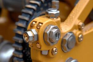 A close up of a yellow machine with a chain photo