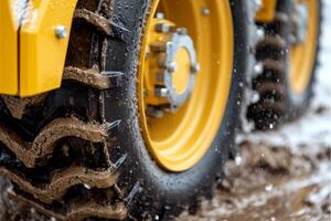 A close up of a yellow tractor tire in the mud photo