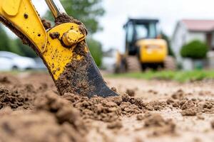 A close up of a yellow excavator digging into the dirt photo