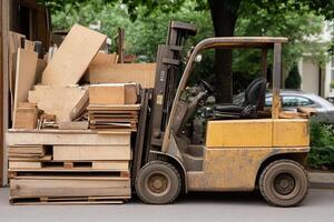 A forklift is parked in front of a pile of wood photo