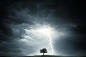 A lone tree in the middle of a field with lightning coming from the sky photo