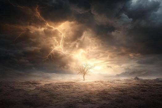 A lone tree stands in the middle of a field with lightning coming from the sky photo