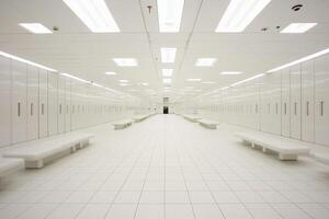A long hallway with white benches and a row of lockers photo