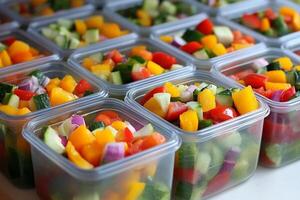 A bunch of plastic containers filled with different types of vegetables photo