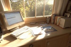 A computer desk with a keyboard, mouse, and monitor photo