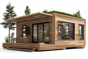 Tiny house on wheels with a green roof photo