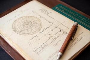 A notebook with a pen sitting on top of it photo