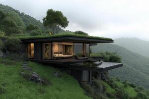 A modern house on top of a hill with grass photo