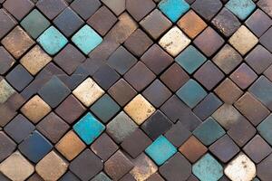 A wall with a variety of different colored tiles photo