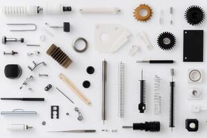 Various types of mechanical parts are arranged on a white surface photo