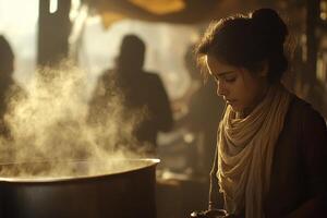 A woman standing in front of a pot with steam coming out of it photo