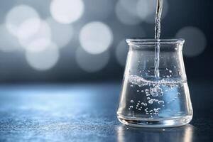 A glass beaker filled with water and some liquid photo