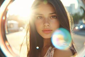 A woman is looking through a lens in front of a sun photo