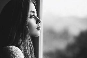 Black and white photo of a woman looking out the window
