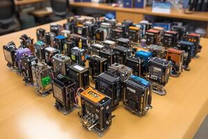 A table full of electronic devices on top of a desk photo