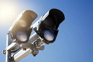 Two traffic lights are shown against a blue sky photo