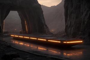 A train is sitting in a tunnel with a mountain in the background photo