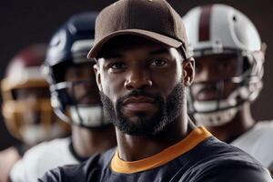 A man with a beard and a football helmet standing in front of a group of football players photo