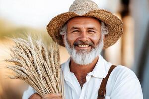 A man with a beard and hat holding wheat photo