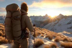 A person with a backpack and trek poles standing on a snowy mountain photo