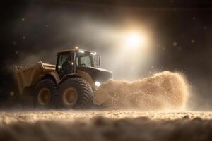 A tractor is driving through a field of dirt photo