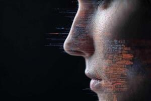 The face of a woman with a computer code on her face photo