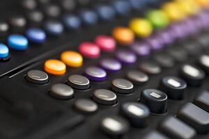 A close up of a keyboard with many different colored buttons photo