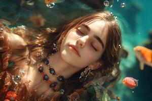 A girl with a necklace and goldfish swimming in the water photo