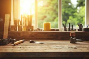 A wooden table with tools and a window photo