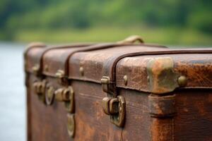 An old suitcase sitting on the edge of a lake photo