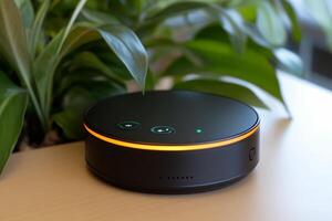 A small black speaker sitting on a table photo