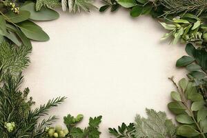 Green leaves and herbs arranged in a circle on a white background photo