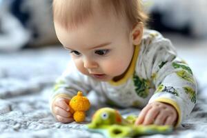 A baby playing with a toy on a bed photo