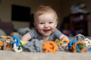 A baby smiles while playing with toys on the floor photo