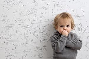 A young child standing in front of a whiteboard with a lot of formulas written on it photo