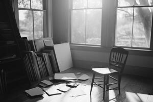A chair sits in front of a window with papers and books scattered around it photo