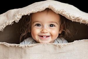 A smiling baby girl peeking out from under a burlap bag photo