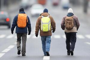 Three men walking across the street with backpacks photo