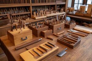 A table with many different types of woodworking tools photo