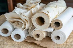 Rolls of paper and tissue paper on a table photo