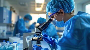 Scientist with Microscope in Lab photo