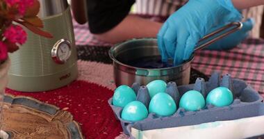 Learn how to paint beautiful Easter eggs in this inspiring activity. Watch as vibrant colors are mixed and applied to eggs, showcasing various step of egg painting process techniques. video