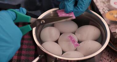 Gather around a table to explore the step of egg painting process for Easter. Watch as vibrant colors are mixed and applied, creating fun Easter eggs with delightful surprises. video