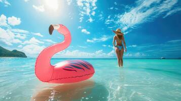 The beach with flamingo float photo