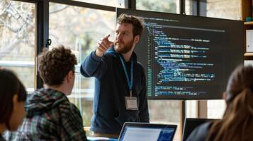 The instructor pointing at code photo
